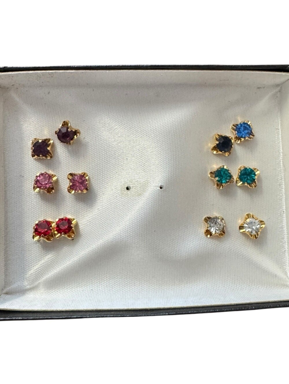 Rhinestone Gold Tone Pierced Earrings Studs Colored Stones 6 Pairs